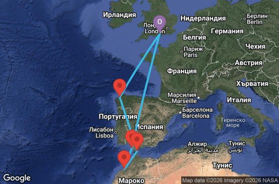 Маршрут на круиз 9 дни Великобритания, Испания, Гибралтар, Мароко - UZYV