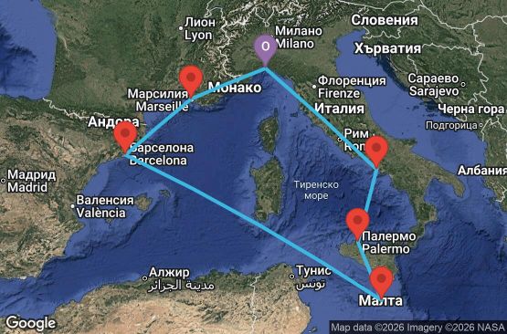 Маршрут на круиз 7 дни Италия, Малта, Испания, Франция - UZSE