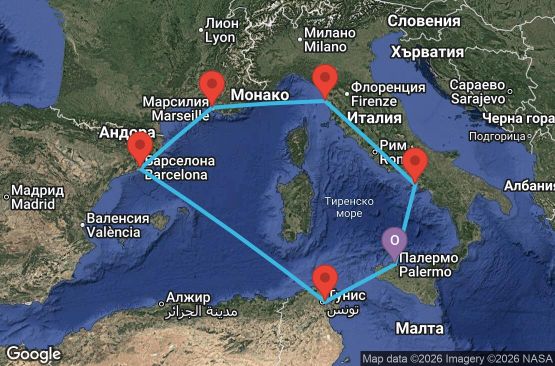 Маршрут на круиз 7 дни Италия, Франция, Испания, Тунис - UZSZ