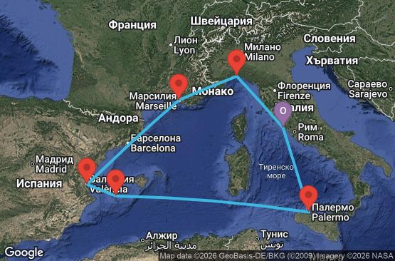 Маршрут на круиз 7 дни Италия, Испания, Франция - UZRN