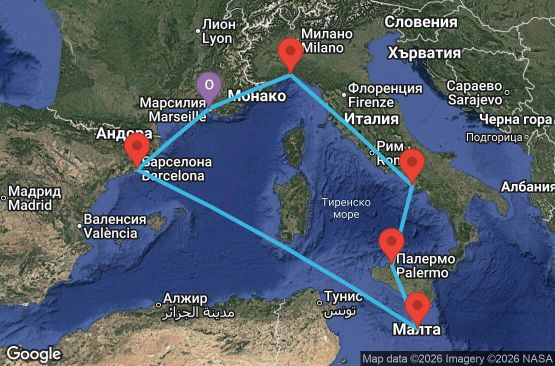 Маршрут на круиз 7 дни Франция, Италия, Малта, Испания - UZSD
