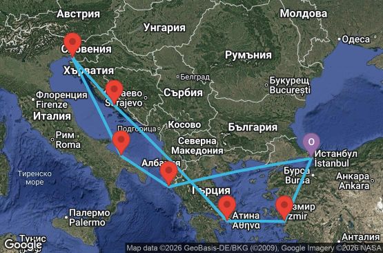 Маршрут на круиз 9 дни Турция, Гърция, Италия, Хърватия - UZWL
