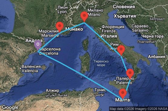 Маршрут на круиз 7 дни Испания, Франция, Италия, Малта - UZR0