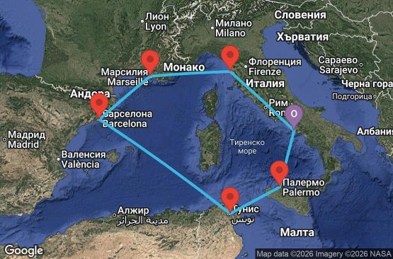 Маршрут на круиз 7 дни Италия, Франция, Испания, Тунис - UZT0
