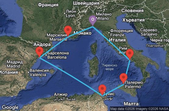 Маршрут на круиз 7 дни Италия, Тунис, Испания, Франция - UZZ8