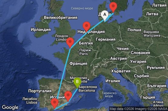 Маршрут на круиз 10 дни Германия, Дания, Нидерландия, Франция, Испания - UZVN
