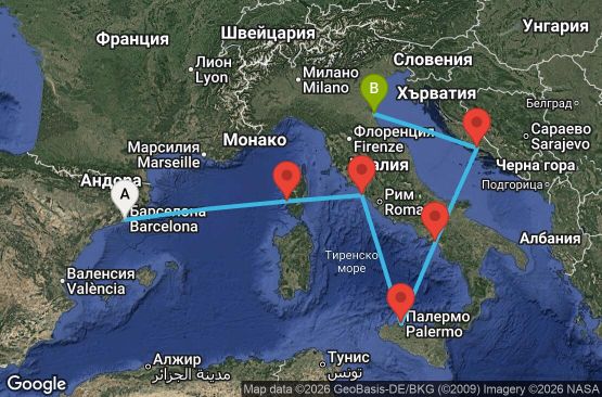 Маршрут на круиз 7 дни Испания, Франция, Италия, Хърватия - MA07M896