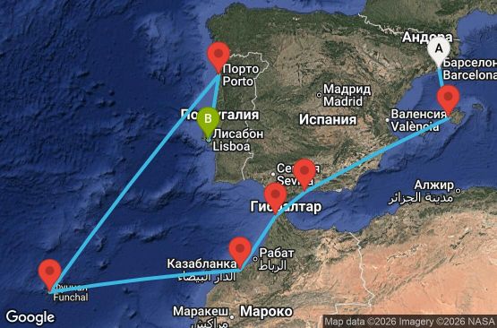 Маршрут на круиз 10 дни Испания, Мароко, Португалия - MA10M413