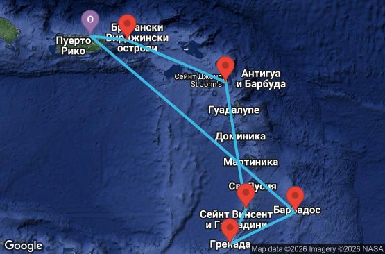 Маршрут на круиз 7 дни Пуерто Рико, Барбадос, Гренада, Сейнт Винсент и Гренадини, Антигуа и Барбуда, Вирджински острови на САЩ - VI07D555
