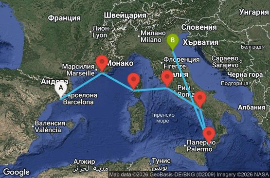 Маршрут на круиз 7 дни Испания, Франция, Италия - EX07M859