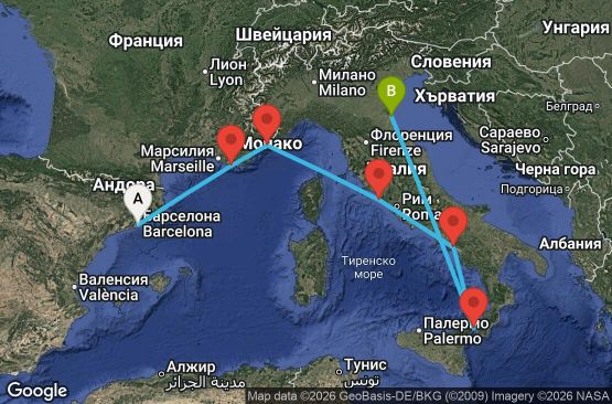 Маршрут на круиз 7 дни Испания, Франция, Италия - EX07M863
