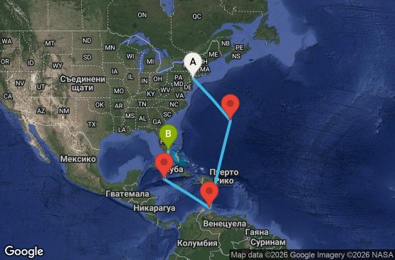 Маршрут на круиз 9 дни САЩ, Бермудските острови, Нидерландски Антили, Каймановите острови - ID09R028