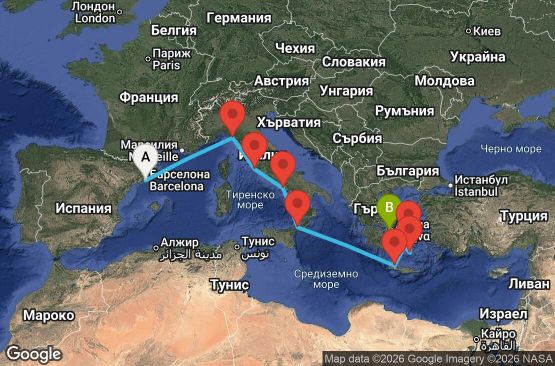 Маршрут на круиз 10 дни Испания, Италия, Гърция - EC10U116