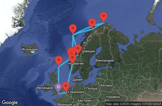 Маршрут на круиз 14 дни Великобритания, Норвегия, Белгия - AX14U123