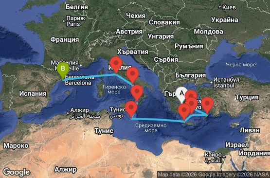 Маршрут на круиз 12 дни Гърция, Малта, Италия, Испания - IN12M659