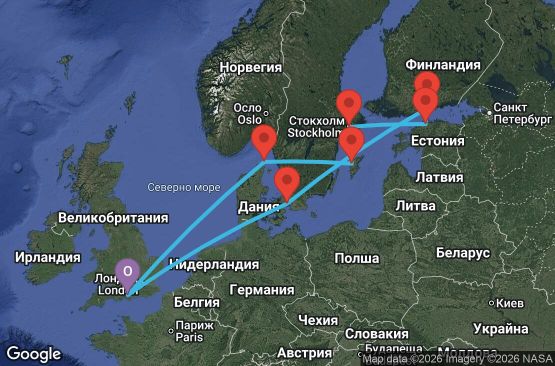 Маршрут на круиз 12 дни Великобритания, Дания, Финландия, Естония, Швеция - AX12U425