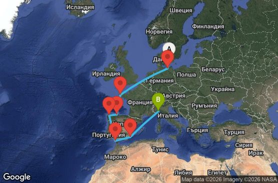 Маршрут на круиз 11 дни Дания, Германия, Франция, Испания, Италия - UZXZ
