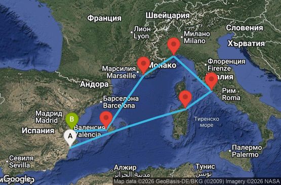 Маршрут на круиз 7 дни Испания, Италия, Франция - ALC07A0G