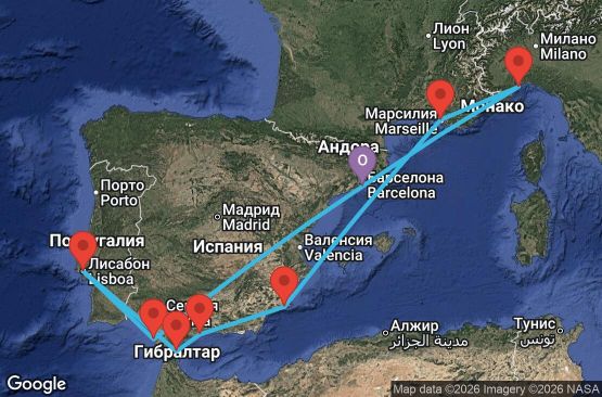 Маршрут на круиз 11 дни Испания, Португалия, Гибралтар, Франция, Италия - BCN11A1M