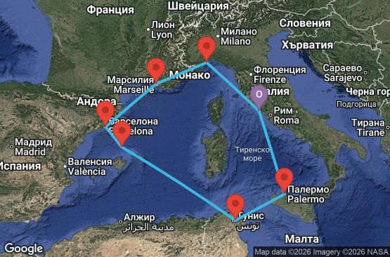 Маршрут на круиз 7 дни Италия, Франция, Испания, Тунис - CIV07ACQ