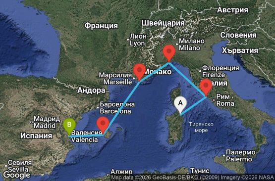Маршрут на круиз 5 дни Италия, Франция, Испания - OLB05A06