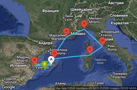 Маршрут на круиз 7 дни Испания, Италия, Франция - PMI07A5S
