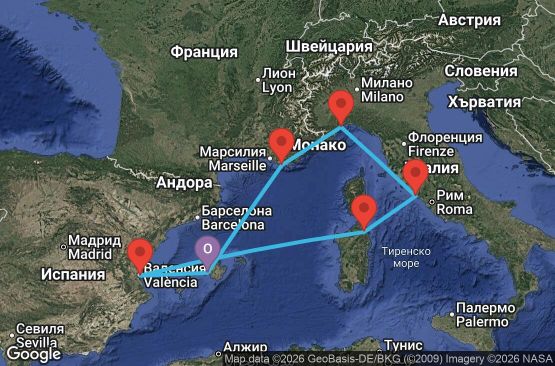 Маршрут на круиз 7 дни Испания, Италия, Франция - PMI07A5T