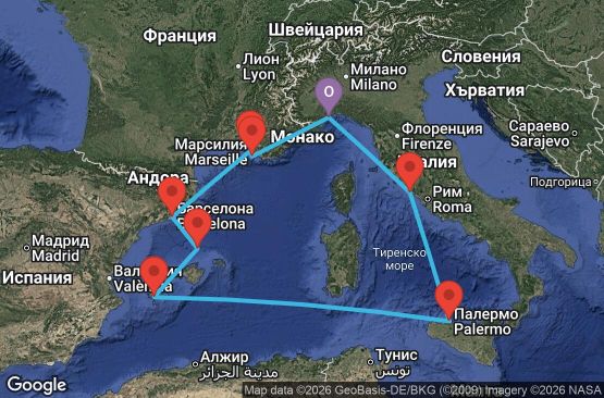 Маршрут на круиз 7 дни Италия, Франция, Испания - SVN07AB3