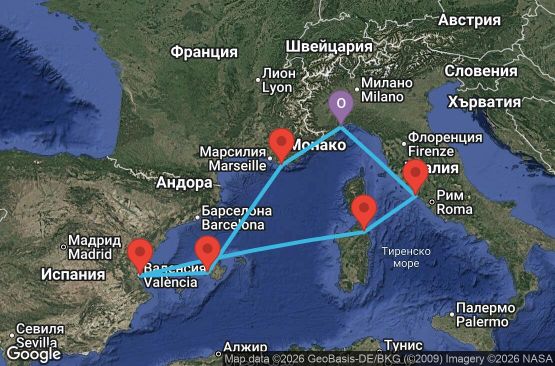 Маршрут на круиз 7 дни Италия, Франция, Испания - SVN07ABC