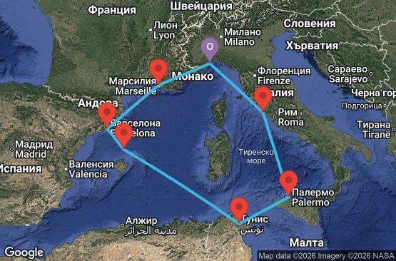 Маршрут на круиз 7 дни Италия, Франция, Испания, Тунис - SVN07ABH