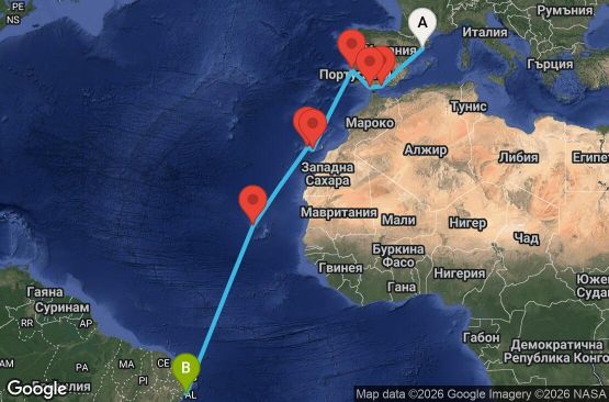 Маршрут на круиз 16 дни Испания, Португалия, Кабо Верде, Бразилия - BCN16A0O