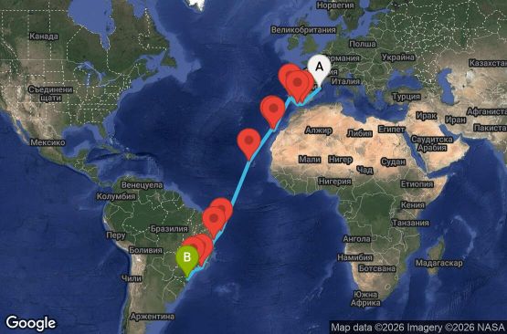 Маршрут на круиз 22 дни Испания, Португалия, Кабо Верде, Бразилия - BCN22A0I