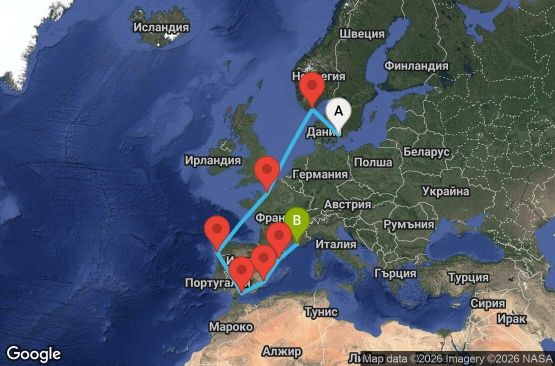 Маршрут на круиз 10 дни Дания, Норвегия, Франция, Испания - CPH10A0B