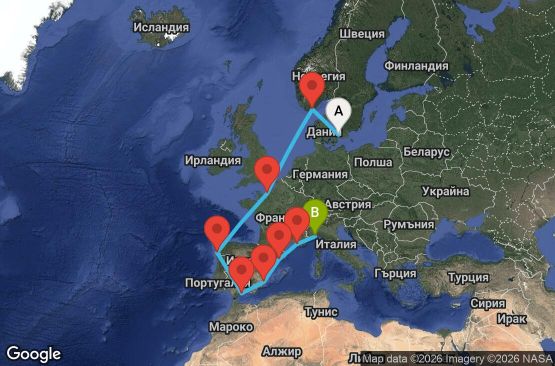 Маршрут на круиз 11 дни Дания, Норвегия, Франция, Испания, Италия - CPH11A0D
