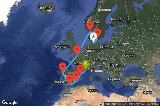 Маршрут на круиз 11 дни Германия, Дания, Норвегия, Франция, Испания - KEL11A0B