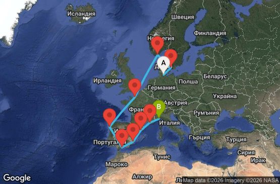 Маршрут на круиз 12 дни Германия, Дания, Норвегия, Франция, Испания, Италия - KEL12A0H