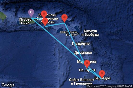 Маршрут на круиз 7 дни Пуерто Рико, Вирджински острови на САЩ, Нидерландски Антили, Сейнт Лусия, Барбадос - RH07D537