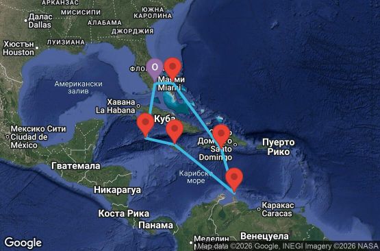 Маршрут на круиз 10 дни Южни Кариби от Маями - JLCR10CNNMIAMIA