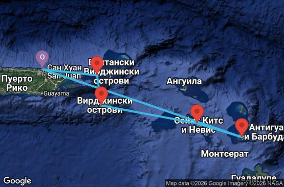 Маршрут на круиз 6 дни Пуерто Рико, Вирджински острови на САЩ, Сейнт Китс и Невис, Антигуа и Барбуда - RH06D068