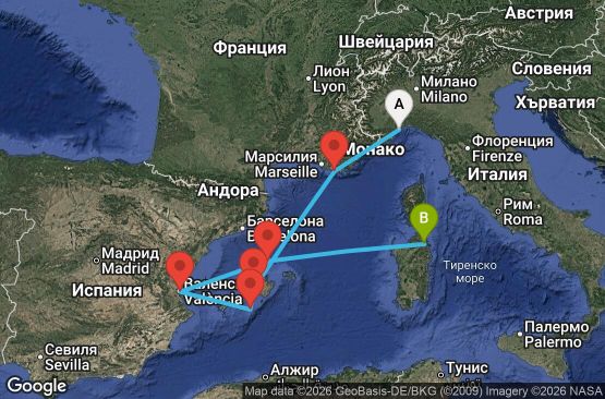 Маршрут на круиз 5 дни Италия, Франция, Испания - SVN05A3M