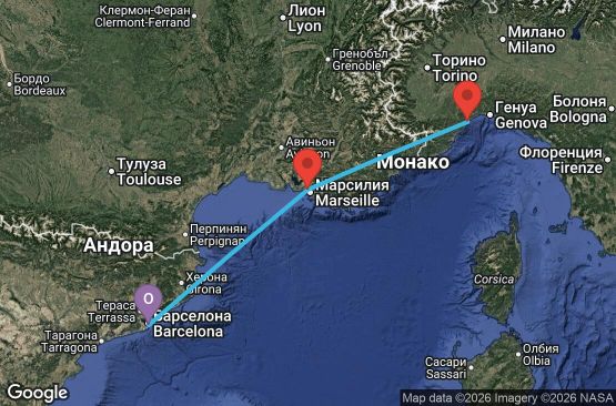 Маршрут на круиз 4 дни Испания, Франция, Италия - BCN04A5N