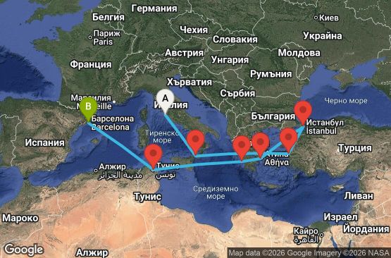 Маршрут на круиз 11 дни Италия, Турция, Гърция, Тунис, Испания - CIV11A0O