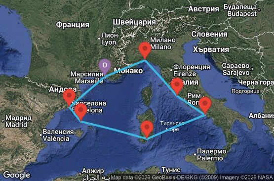 Маршрут на круиз 7 дни Франция, Испания, Италия - MRS07AAN