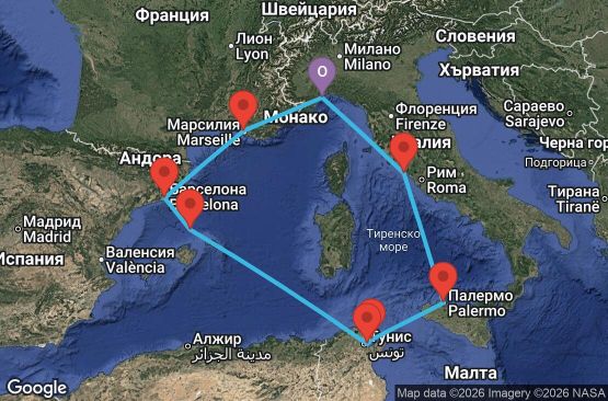 Маршрут на круиз 7 дни Италия, Франция, Испания, Тунис - SVN07A8N