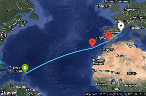 Маршрут на круиз 11 дни Испания, Португалия, Антигуа и Барбуда - EX20261101BCNSJO
