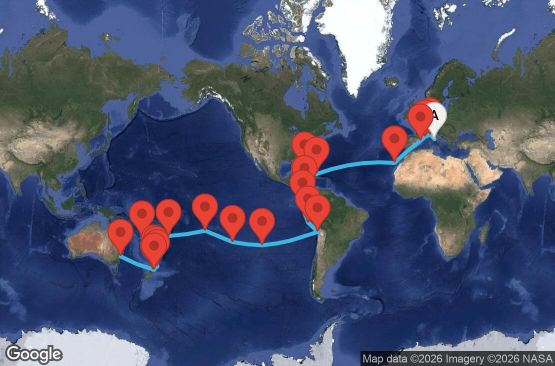 Маршрут на круиз 60 дни Италия, Франция, Испания, Търкс и Кайкос, Бахамските острови, Панама, Еквадор, Перу, Чили, Великобритания, Френска Полинезия, Тонга, Нова Каледония, Нова Зеландия, Австралия - UZTT