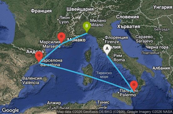 Маршрут на круиз 5 дни Италия, Испания, Франция - UZHD