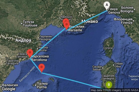 Маршрут на круиз 4 дни Италия, Франция, Испания - GOA04A2C