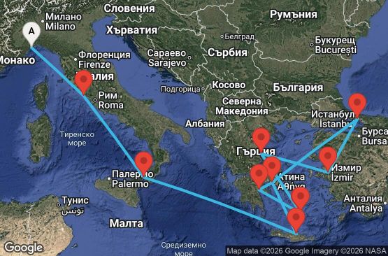 Маршрут на круиз Italy, Greece, Turkey - SVN12A19