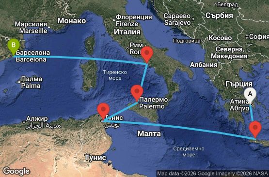 Маршрут на круиз Greece, Tunisia, Italy, Spain - ATH07A2Y